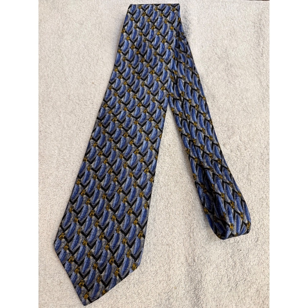 Ermenegildo Zegna Silk Tie Blue Grey Gold Geometric Abstract Made in Italy